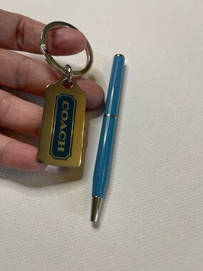Coach Silver Tag Keyring with Blue Logo Plaque and Blue Coach Pen